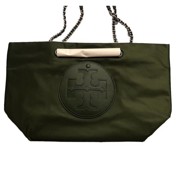 Tory Burch Ella Logo Chain Recycled Nylon Tote Shopper In Olive Green New - Picture 2 of 4